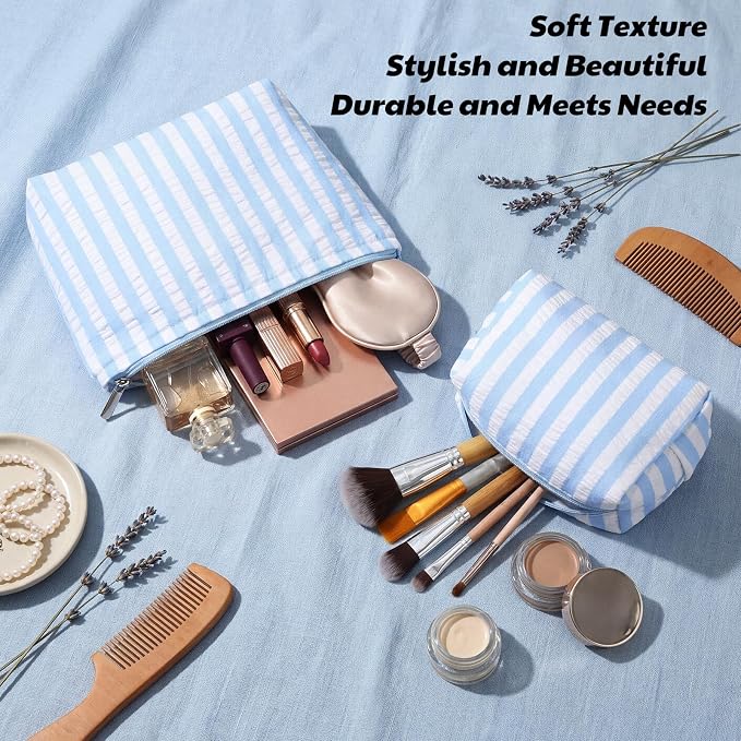 Huhumy 2 Pcs Makeup Bag Set for Women, Blue,Wide Striped Seersucker | Cute Cosmetic Pouch Women Travel Toiletry Bag Preppy Small Makeup Purse Pouch Aesthetic Skincare Brushes Storage Organizer