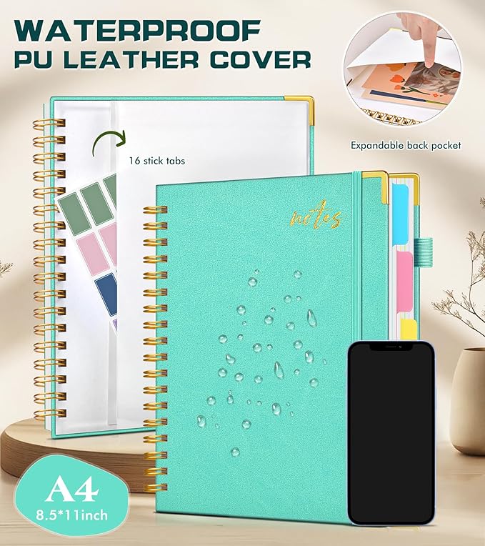Hardcover Spiral Notebook Journal 8.5" x 11" Leather 5 Subject Notebook with Removable Dividers Tabs, 300 Pages Organizer Notebooks for Work School, College Ruled, Large Lined Journal for Women,Aqure