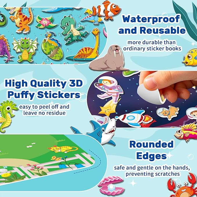 Elfew 6Pack Reusable Sticker Books for Toddlers 2-4, 3D Puffy Sticker Books for Kids Ages 1-3 3-5 with 6 Themes, Waterproof Mess-Free Sticker Activity Book, Travel Toys Birthday Gifts for Boys Girls