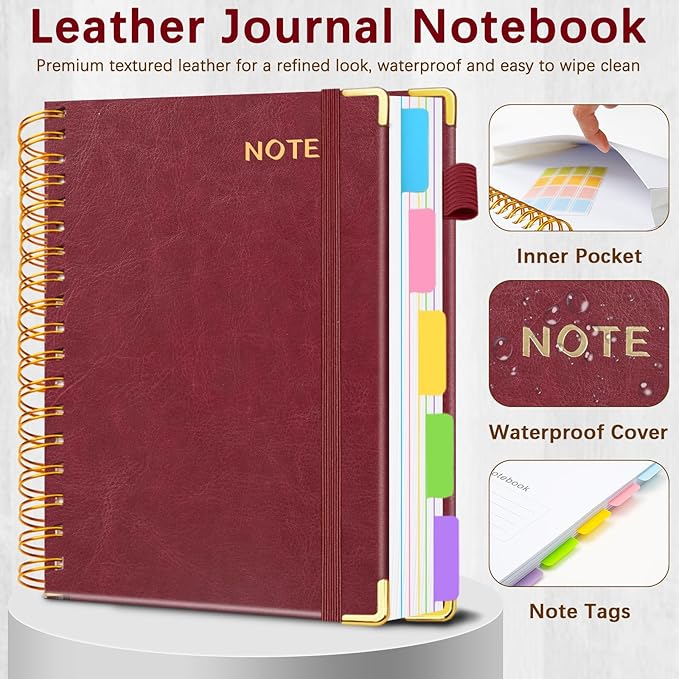 Hardcover Spiral Notebooks for Work 6.2"x 8.2", 300 Pages 5 Subject Notebook with Dividers & Tabs, A5 Spiral Journal for Women, College Ruled Notebook for School Note-Taking (Wine Red)