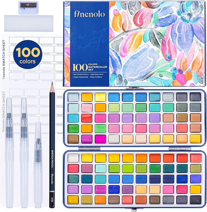Finenolo 100 Colors Watercolor Paint Set with Metallic, Macaron & Fluorescent Colors-Professional Grade Watercolor Paints for Artists, Beginners & Illustrators, Ideal for Blending, Layering & Creative Artwork