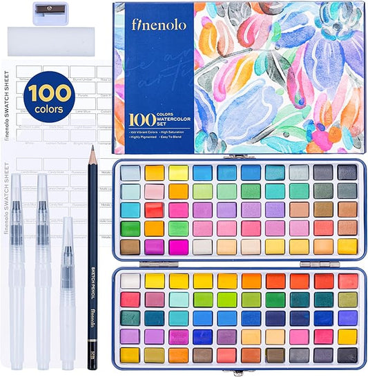Finenolo 100 Colors Watercolor Paint Set with Metallic, Macaron & Fluorescent Colors-Professional Grade Watercolor Paints for Artists, Beginners & Illustrators, Ideal for Blending, Layering & Creative Artwork