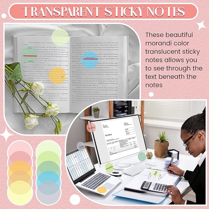 Sabary 500 Sheets Transparent Sticky Notes Round Translucent Sticky Notes Tabs Colorful Page Flags Stickers Clear Book Markers Bible Journaling Office Back to School Supplies(1.75 Inch,Bright)