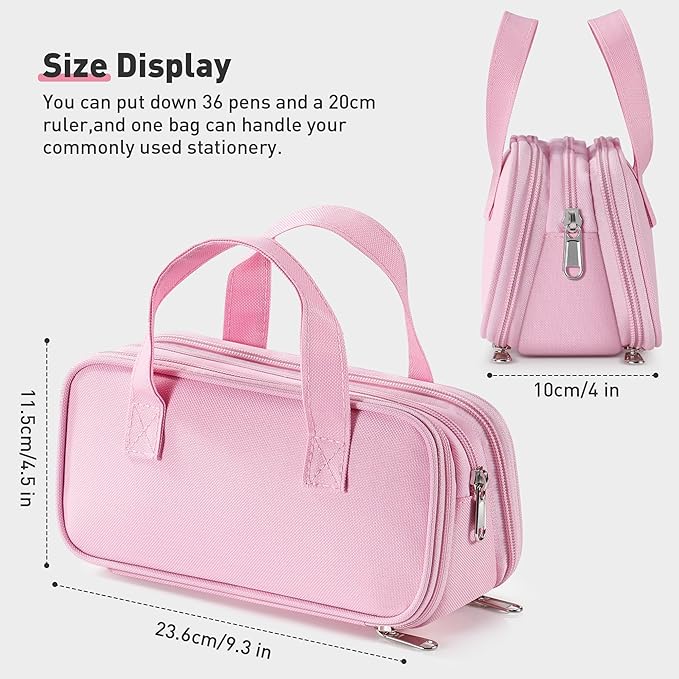 Zannaki Large Pencil Case, Big Capacity Pencil Pouch Pen Bag with 3 Compartment, Portable Canvas Stationery Organizer with Zipper, Cute Aesthetic School Supplies for Teen Girls Boys College,Pink
