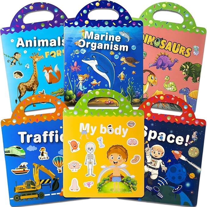 Reusable Sticker Books for Toddlers 1-3, Puffy Stickers Book for Kids Ages 2-4, Toddler Travel Toys for Birthday Christmas - Animal, Marine, Dinosaur, Traffic, Space, Organ (6 Set)
