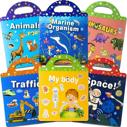 Reusable Sticker Books for Toddlers 1-3, Puffy Stickers Book for Kids Ages 2-4, Toddler Travel Toys for Birthday Christmas - Animal, Marine, Dinosaur, Traffic, Space, Organ (6 Set)