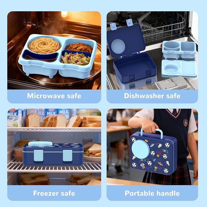 Kids Insulated Lunch Box with 8OZ Thermo Food Jar | Leakproof Bento Box with Ice Pack Sauce Cup Utensils Removable Tray & Dividers for School Daycare Travel, Football
