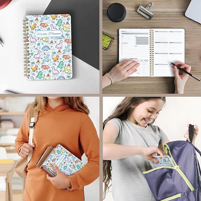 Weekly Planner Undated - 52 Weeks To Do List Notebook A5 for Work: Weekly Task, Habit Tracker Journal, Goal Setting, Agenda Sprial Bound Organizer Book for Women Cute Stylish Design, Dino