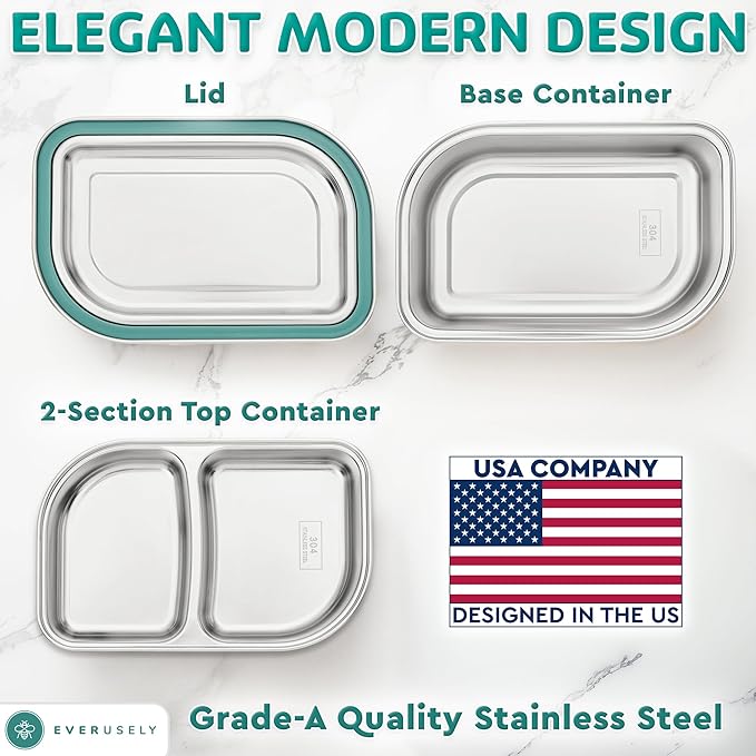 Stainless Steel Bento Box - Tiered Lunch Box for Adults - 2 Compartments Metal Food Container - Leakproof Lockable Lid with Silicone Ring - Removable Compartmented Layer - by Everusely