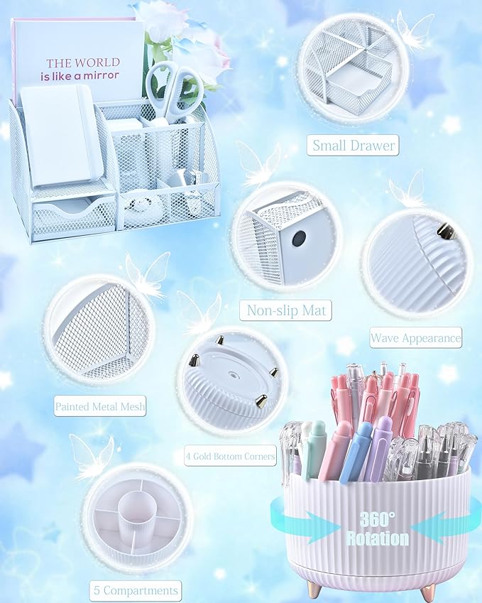 20Pcs White Desk Organizers and Accessories With Mesh Desk Organizer and 360°Rotating Pen Holder and a Lot of Office White Office Supplies Beautifully Presented in a Gift Box
