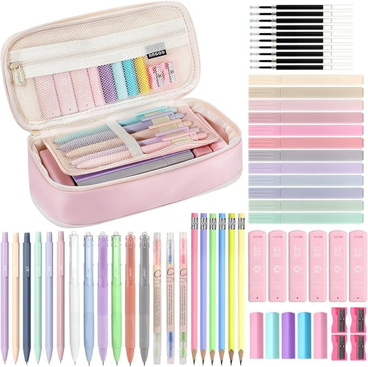MoKo 59 PCS Aesthetic School Supplies with Cute Pencil Case, Students Stationery Set for Teen Girls & College with Gel Pens, Pastel Highlighters, Mechanical Pencils & Refills, Office Supplies, Pink