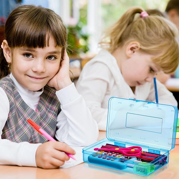 Leelosp 12 Pack Clear Pencil Boxes for School Bulk, Large Plastic Pencil Case with Lid, Stackable Hard Crayon Storage Box for Classroom Kids, Desk Drawer Organizer for Office Home(Blue)