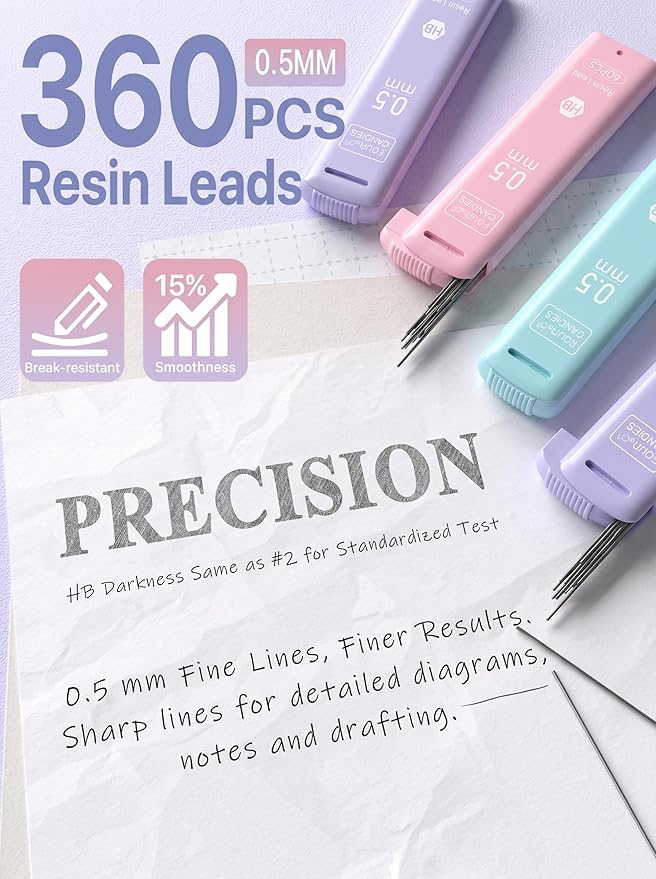 Four Candies 3PCS Cute Mechanical Pencils Set, 0.5mm with 360PCS Lead Refills, Pastel Erasers & Case, Preppy Aesthetic Kawaii Stationary for College Student Precision Note-Taking and Drafting