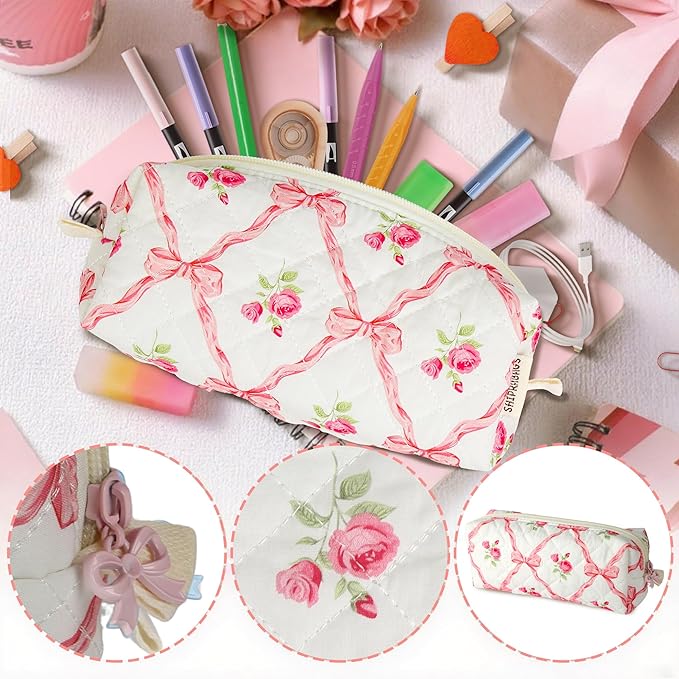 Cute Quilted Pencil Case for Girls Women, Aesthetic Small Floral Pencil Pouch,Slim Soft Pencil Bag for School Supplies Makeup Pouch for School & Daily Use (pink bow)