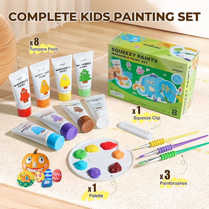 Jar Melo Washable Tempera Paint for Kids Age 4-6, Non-Toxic Toddler Painting Set, Tempera Paints for School Art, Crafts, Finger Paints 8 Colors