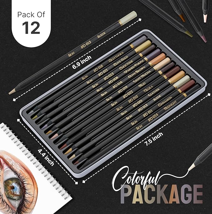 Black Widow Skin Tone Colored Pencils for Adult Coloring Books – 12 Soft Core Color Pencils for Portraits and Skintone Artists – Complete Range with Lightfast Ratings