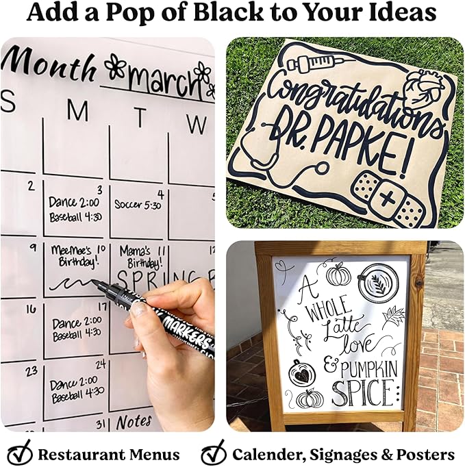 Chalkola 6 Black Chalk Markers - Dual tip, Fine & Jumbo Tip (1mm, 3mm, 5mm, 15mm) | Erasable Liquid Chalk Pens for Blackboard, Chalkboard Signs, Car Window, Bistro, Glass | Washable Chalkboard Markers