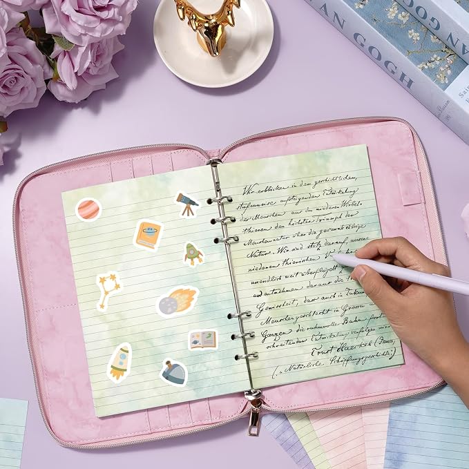 100 Sheets Gradient A5 Refill Papers for Planner Binder Insert with Pink Pu Leather Binder Cover, Refillable 6 Ring Binder Journal with 120GSM Thick Watercolor Notebook Fillers for Girls Women
