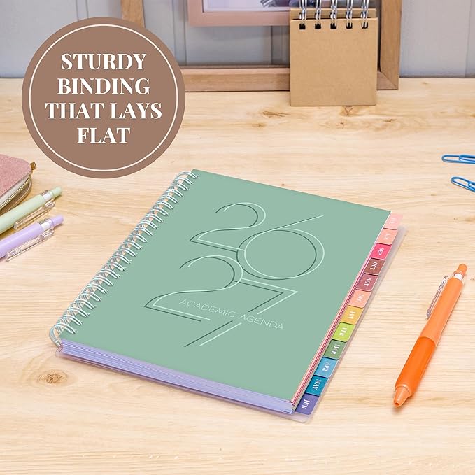 Rileys Academic Planner 2026-2027, Daily, Weekly & Monthly Planner, July 2026 - June 2027, Student Notes Pages, Twin-Wire Binding, Weekly Agenda for School & Work (8 x 6-Inches, Deco, Green)