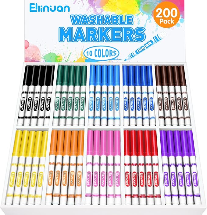 Ellinjan 200 Count Washable Markers Bulk, 10 Assorted Colors, Fine Line Colored Marker with Conical Tip, Washable Markers for Kids, School Art Supplies, Classroom Essentials for Students Teachers