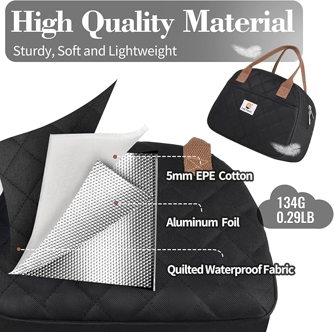 CaCTOUR Lunch Bag Women,Insulated Quilted Lunch Bag, Small Portable Cute Lunch Box,Cooler Bag Reusable Lunch Tote for Work/Travel/Picnic (Black)