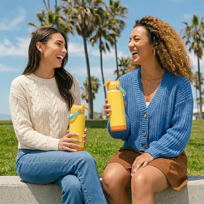Fijinhom 24oz Insulated Stainless Steel Water Bottle, Wide Mouth Double Wall Vacuum, Silicone Straw, Sweat & Leak Proof, BPA Free Insulated Water Flask for Travel, Keep Cold 24h Hot 12h, Lemon