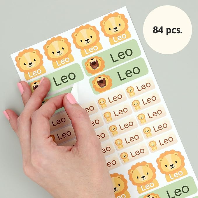 Personalized Daycare Name Labels (84) – Daycare Labels & Name Stickers for Kids – Labels for Kids Stuff Daycare – Waterproof for Baby Bottles, Clothing & Lunch Boxes - Lion