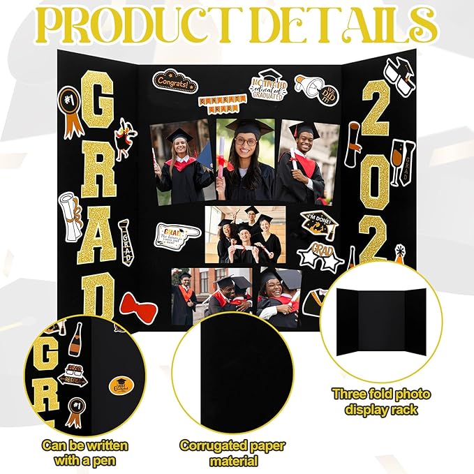 118 Pcs 2026 Graduation Trifold Poster Board 24" x 16" Graduation Picture Frame with Stickers Black Gold Photo Display Board for Class of 2026 Grad Party High School College DIY Craft Table Decor