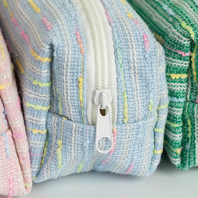 Cute Striped Pencil Case for Girls Large Capacity Aesthetic Pen Pouch with Zipper Stationery Organizer Bag for School Office Durable Pencil Box for Teens Students Women Kids (Square-Blue)