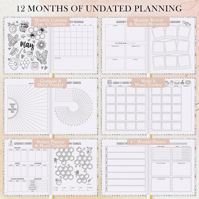 Everloria Premade Dotted Journal Notebook, 12 Months Pre-made Bullet Templates, 260 Hand-Drawn Coloring Pages, Undated Weekly & Monthly Planner, 7.8"x9.3" Leather Dot Grid Habit Mood Tracker