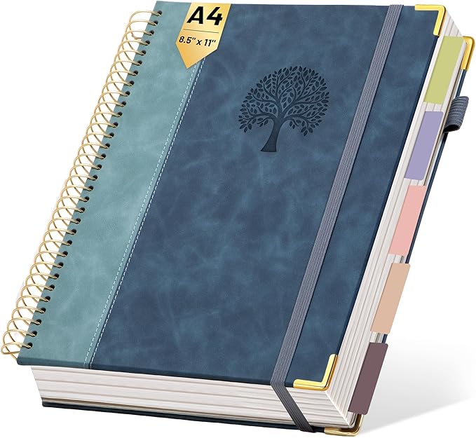 Yoment Hardcover Spiral Notebook 8.5" x 11" Leather 5 Subject Notebook College Ruled with Dividers Tabs 300 Pages Large Spiral Journal Notebooks for Work School Note-Taking Business, Gray Blue
