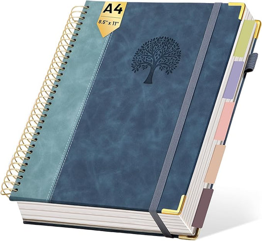 Yoment Hardcover Spiral Notebook 8.5" x 11" Leather 5 Subject Notebook College Ruled with Dividers Tabs 300 Pages Large Spiral Journal Notebooks for Work School Note-Taking Business, Gray Blue