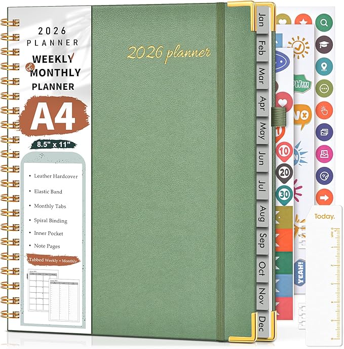 2026 Planner, Weekly and Monthly Calendar Planner from January 2026 - December 2026, 8.5" x 11" Hardcover Leather Hourly Appointment Book with Tabs, Spiral Daily Planners for School Work Home, Green
