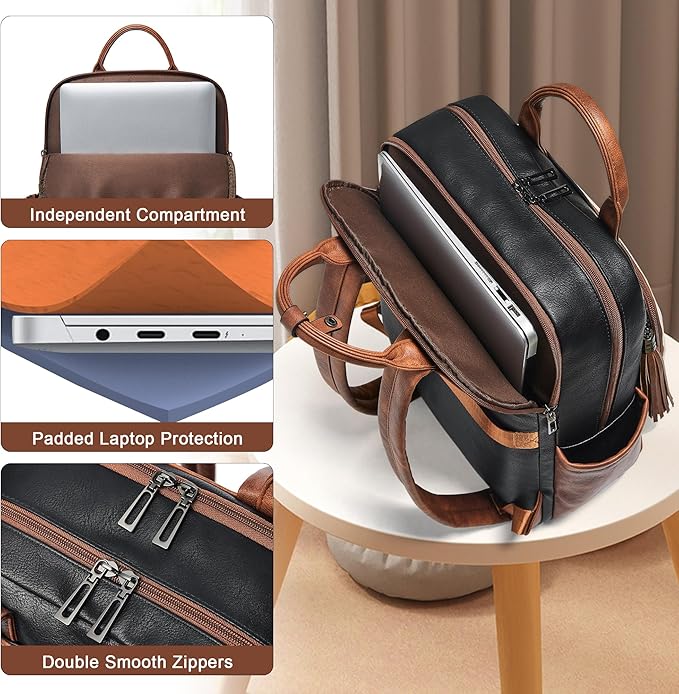 Shrrie Laptop Backpack for Women 15.6 inch Travel Leather Backpack Purse Work Computer Backpacks for Business College Black With Brown and White
