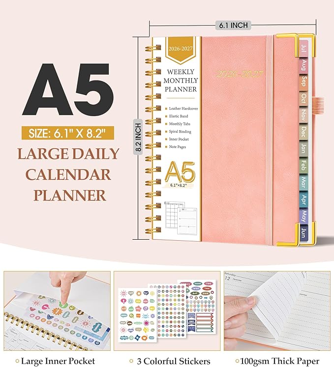 Academic Planner 2026-2027, Hardcover Leather Weekly and Monthly Calendar Planner from July 2026 - June 2027, A5 6.1" x 8.2" Daily Agenda with Tabs, College School Organizer for Student Teacher, Pink