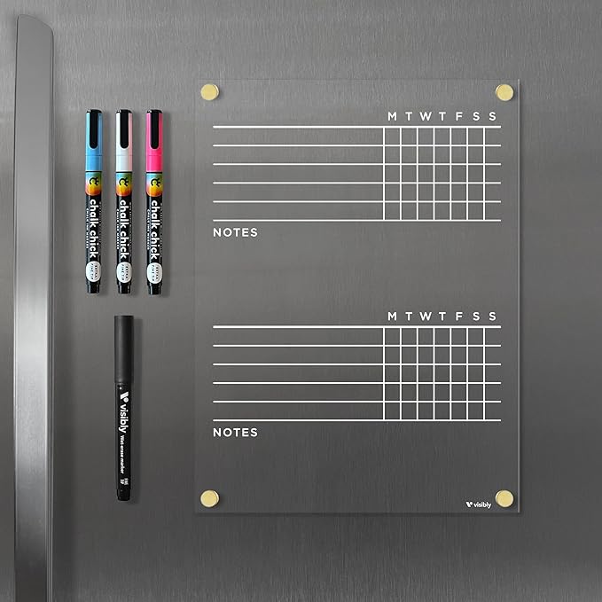 Magnetic Acrylic Chore Chart for Fridge 9” x 12”, Clear Wet Erase Refrigerator Task Board, Minimalist Routine Planning Board, Includes 4 Magnetic Markers, Black Corner Magnets