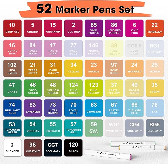 VigorFun Alcohol Markers Brush Tip, 52 Colors Dual Tip Brush & Chisel