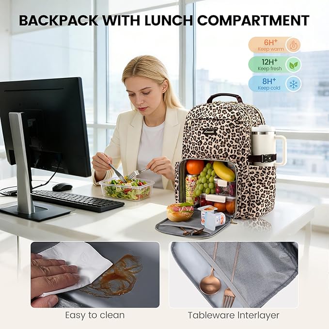 LOVEVOOK Lunch Backpack with Lunch Compartment,15.6Inch Laptop Work Travel Insulated Cooler Backpack Purse,Waterproof College Teacher Lunch Bag Box with Tumbler Holder,Gift for Men Women,Leopard print