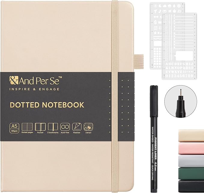 &And Per Se Dotted Journal Notebook, A5 Hardcover with Journal Dotted Pages, Stencils & Pen, 176 Numbered Pages for Beginners Women Men (Light Apricot)