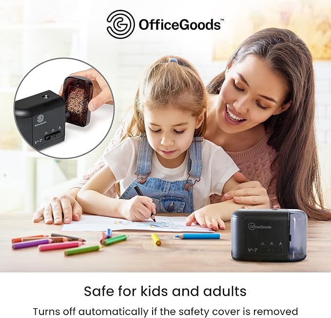 OfficeGoods Electric Pencil Sharpener - Battery or Cord Powered Portable Sharpener - Perfectly Sharpens Colored Pencils, Drafting Pencils for Kids, Adults, Office, School and Home - Black