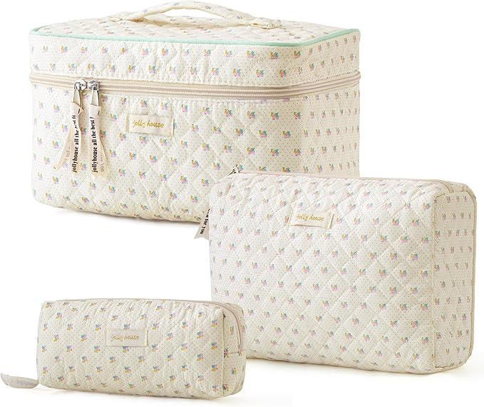 HBselect Quilted Makeup Bag, 3Pcs Cotton Large Travel Makeup Bags Organizer | Cute Floral Make up Bag Cosmetic Bag Toiletry Bag for Women Girls, Makeup Pouch for Skincare, Brushes & Travel Essentials