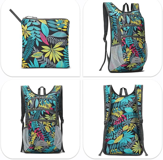 20L Lightweight Hiking Daypack, Foldable Travel Packable Backpack for Men Women for Cycling Camping Outdoor (Leaf Print)