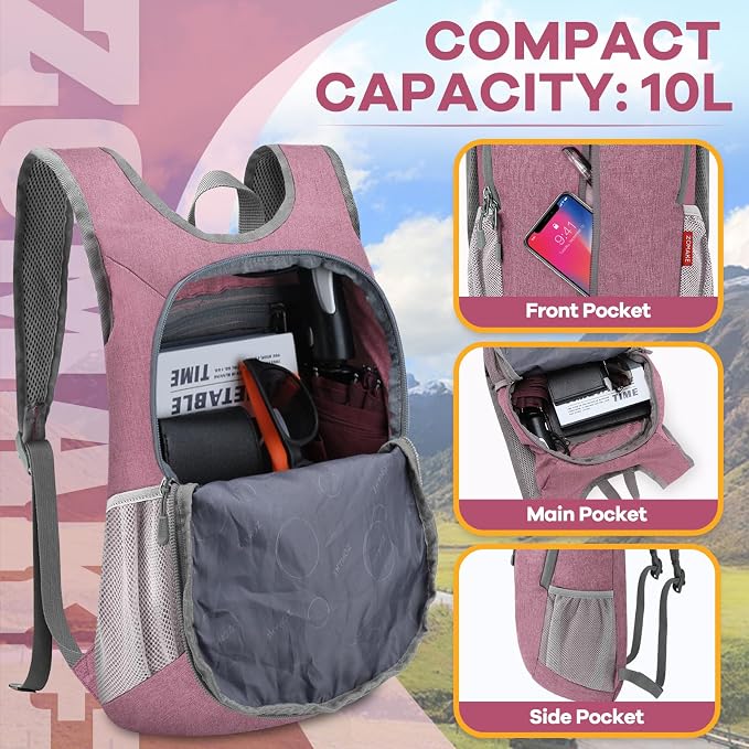 ZOMAKE Lightweight Packable Backpack, 10L Small Foldable Daypack for Hiking | Water Resistant Collapsible Backpacks for Women Men, Everyday Carry, Multi Compartment Storage, Adjustable Strap(Pink A1)