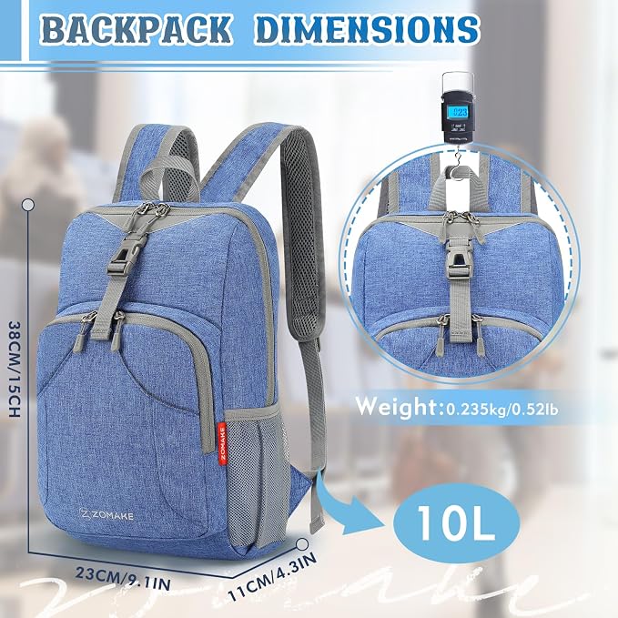 ZOMAKE Lightweight Packable Backpack, 10L Small Foldable Daypack for Hiking | Water Resistant Collapsible Backpacks for Women Men, Everyday Carry, Multi Compartment Storage,Adjustable Strap(Dark Blue A4)