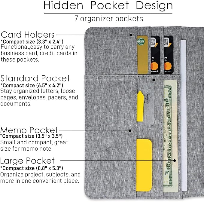 Folio Cover Compatible with Rocketbook Fusion, Everlast, Wave, Multi Organizer with Pen Loop, Zipper Pocket, Business Card Holder, Waterproof Fabric, Executive Size, Gray