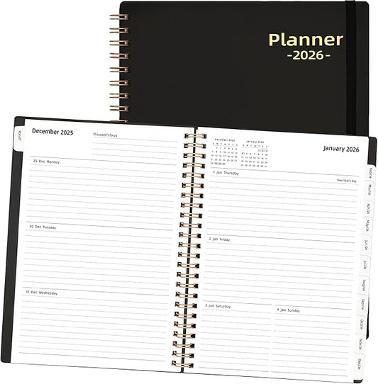 2026 Daily Planner, Jan.2026-Dec.2026, 6.2" x 8.4", 2026 Planner Weekly and Monthly, Calendar Planner 2026 with Tabs & Pocket, 100GSM Thick Paper, Black