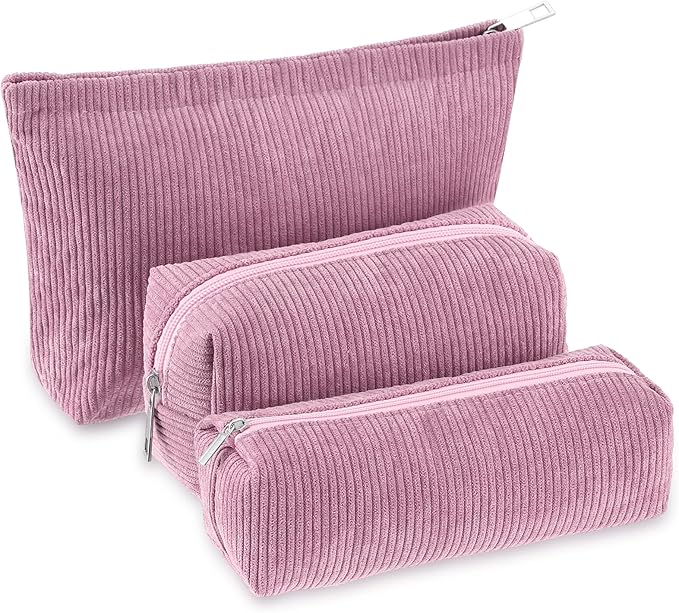 Huhumy 3 Pcs Makeup Bag Set for Women Corduroy Cosmetic Pouch Aesthetic Smile Travel Toiletry Bag Cute Purse Pouch Pencil Case Makeup Brushes Storage Organizer with Zipper(Rose Pink,Solid Style)