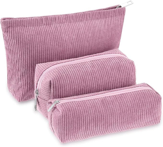 Huhumy 3 Pcs Makeup Bag Set for Women Corduroy Cosmetic Pouch Aesthetic Smile Travel Toiletry Bag Cute Purse Pouch Pencil Case Makeup Brushes Storage Organizer with Zipper(Rose Pink,Solid Style)