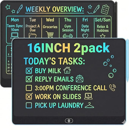 16 Inch LCD Writing Tablet 2 Pack, Large Electronic Notepad for Adults, Reusable Digital Memo Board for Office Desk and Meetings, Erasable Paper Tablet, Battery Operated（Blue & Black