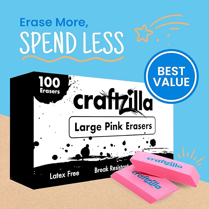 Craftzilla Pink Erasers Bulk 100 Pack - Large Latex- Free Bulk Erasers for Kids, Classroom, and School Supplies - Ideal for Pencils and Drawing - Teacher Supplies - Borradores Escolares
